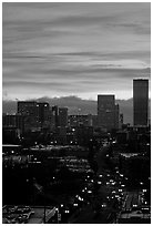 Skyline and bright sky at sunrise. Portland, Oregon, USA (black and white)