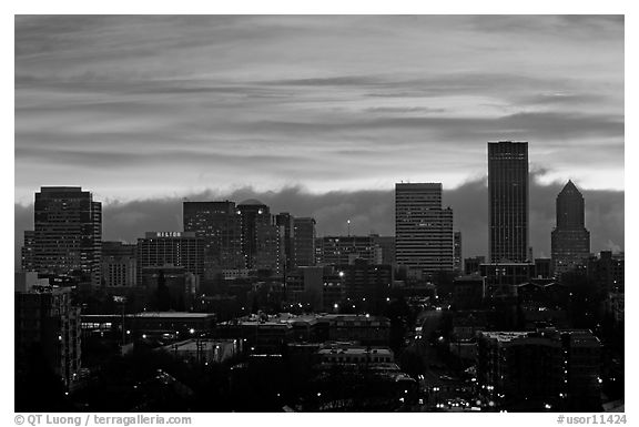 Downtown skyline with colorful sky at sunrise. Portland, Oregon, USA (black and white)