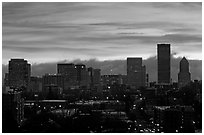 Downtown skyline with colorful sky at sunrise. Portland, Oregon, USA (black and white)