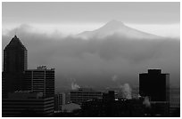 High rise buildings and Mt Hood at sunrise. Portland, Oregon, USA (black and white)