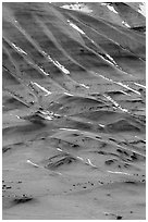 Colorful strata and snow on claystone hills. John Day Fossils Bed National Monument, Oregon, USA (black and white)