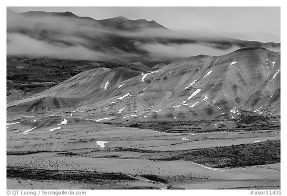 Painted hills at dusk in winter. John Day Fossils Bed National Monument, Oregon, USA