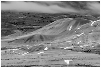 Painted hills and fog, winter dusk. John Day Fossils Bed National Monument, Oregon, USA (black and white)