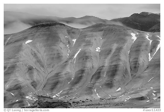 Painted hills, winter dusk. John Day Fossils Bed National Monument, Oregon, USA (black and white)