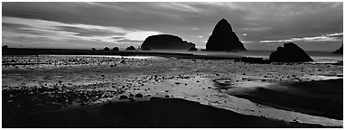 Beach and seastacks at sunset. Oregon, USA (Panoramic black and white)