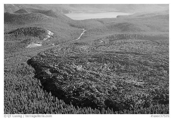 Big Obsidian flow and East Lake. Newberry Volcanic National Monument, Oregon, USA (black and white)