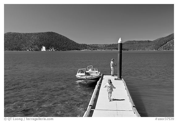 Deck with boat, East Lake. Newberry Volcanic National Monument, Oregon, USA (black and white)