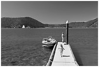 Deck with boat, East Lake. Newberry Volcanic National Monument, Oregon, USA ( black and white)