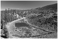 Pond at the edge of lava flow. Newberry Volcanic National Monument, Oregon, USA (black and white)