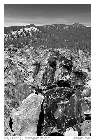 Obsidian and hills. Newberry Volcanic National Monument, Oregon, USA (black and white)