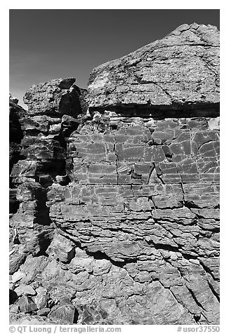 Black obsidian rock formation. Newberry Volcanic National Monument, Oregon, USA (black and white)