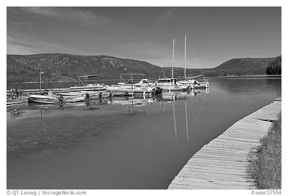 Deck and marina, Paulina Lake. Newberry Volcanic National Monument, Oregon, USA (black and white)