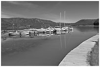 Deck and marina, Paulina Lake. Newberry Volcanic National Monument, Oregon, USA (black and white)