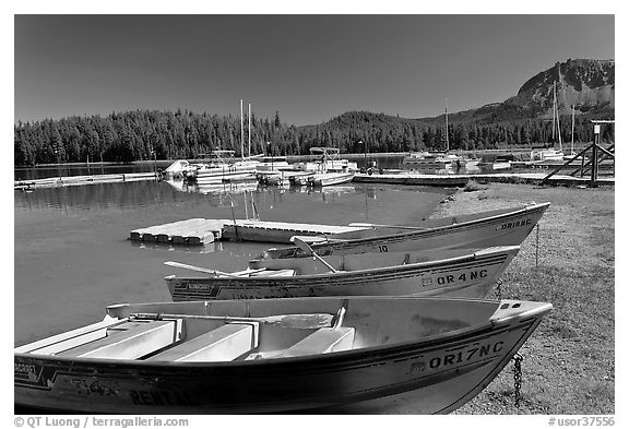 Boats and marina, Paulina Lake. Newberry Volcanic National Monument, Oregon, USA (black and white)