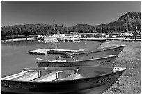 Boats and marina, Paulina Lake. Newberry Volcanic National Monument, Oregon, USA (black and white)