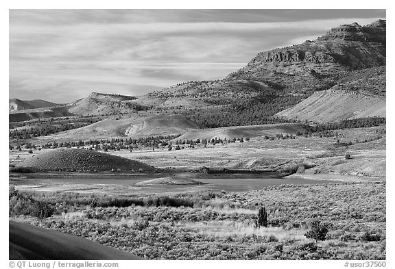 Sagebrush and hills. John Day Fossils Bed National Monument, Oregon, USA (black and white)