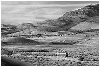 Sagebrush and hills. John Day Fossils Bed National Monument, Oregon, USA (black and white)