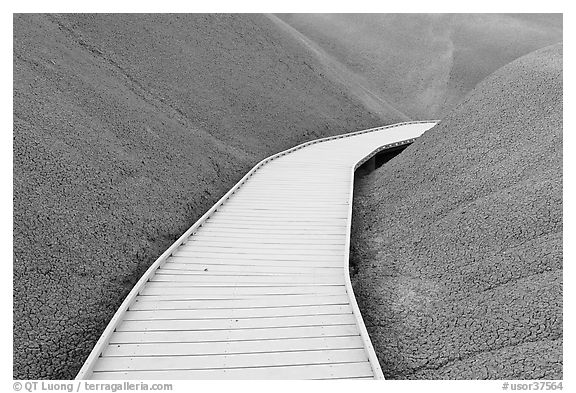 Boardwalk and popcorn-texture claystones. John Day Fossils Bed National Monument, Oregon, USA (black and white)