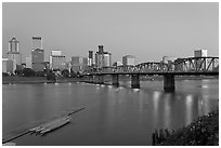 Williamette River and Portland skyline at night. Portland, Oregon, USA (black and white)