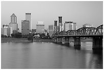 Skyline and Hawthorne Bridge, dawn. Portland, Oregon, USA ( black and white)