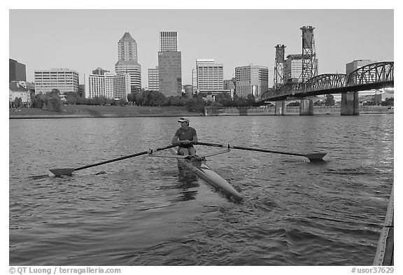 Woman rowing on racing shell and city skyline at sunrise. Portland, Oregon, USA