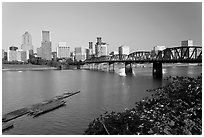 Hawthorne Bridge and Portland Skyline. Portland, Oregon, USA (black and white)