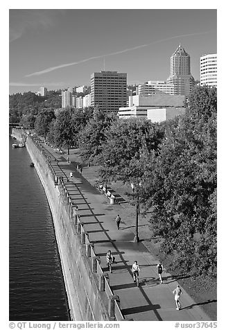 People exercising at park on Williamette River waterfront, skyline. Portland, Oregon, USA (black and white)