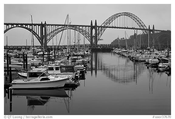 Harbor and Yaquina Bay Bridge, dawn. Newport, Oregon, USA (black and white)