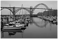 Harbor and Yaquina Bay Bridge, dawn. Newport, Oregon, USA (black and white)