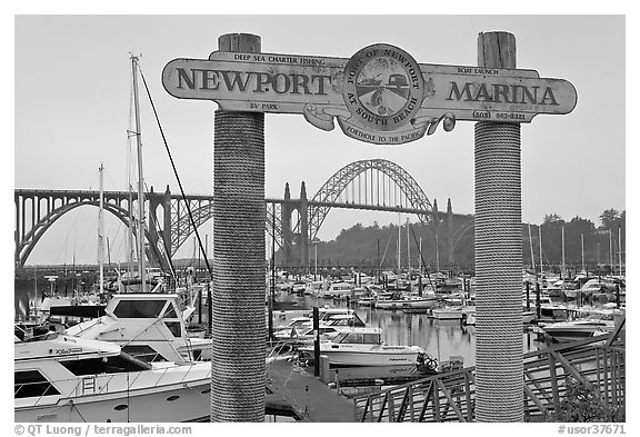 Newport marina and sign, foggy sunrise. Newport, Oregon, USA (black and white)