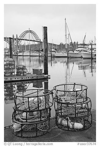 Crab traps and harbor. Newport, Oregon, USA (black and white)