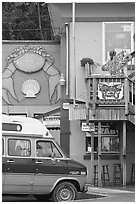 Colorful seafood restaurant. Newport, Oregon, USA ( black and white)