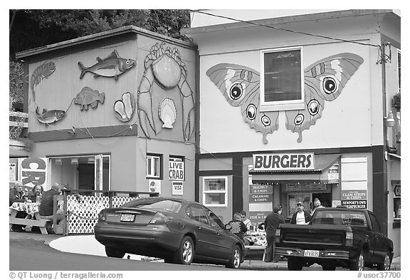 Seafood and burger restaurants. Newport, Oregon, USA (black and white)
