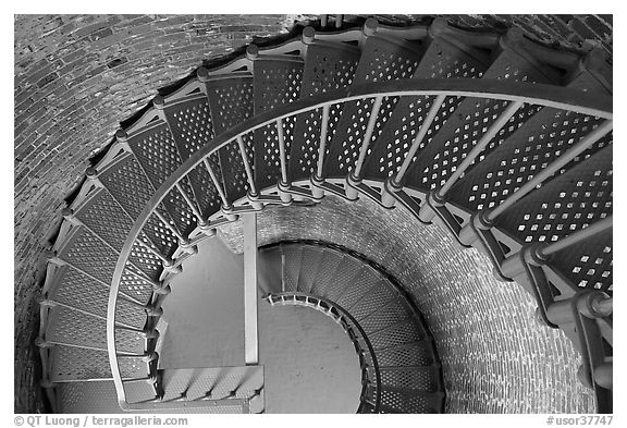 Spiral staircase inside Cape Blanco Lighthouse. Oregon, USA (black and white)