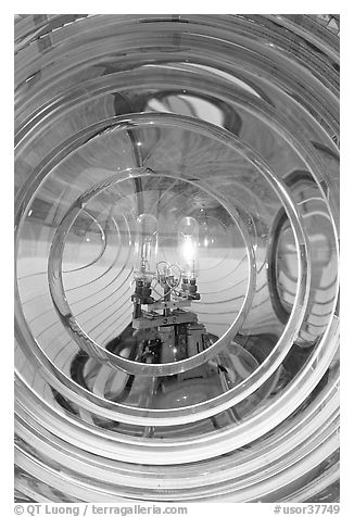 Light and lens inside Cape Blanco Lighthouse. Oregon, USA (black and white)