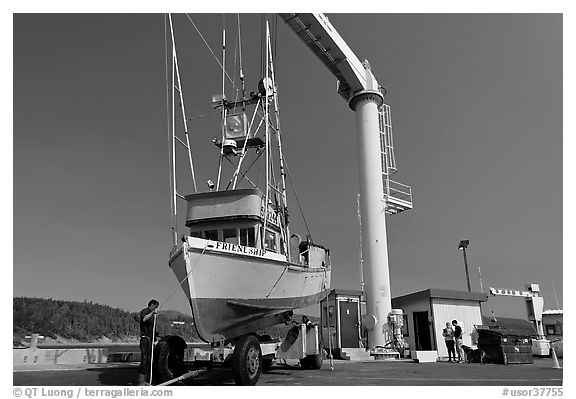 Fishing boat lifted onto deck, Port Orford. Oregon, USA (black and white)