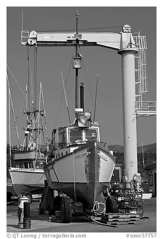 Fishing boats parked on deck, Port Orford. Oregon, USA (black and white)