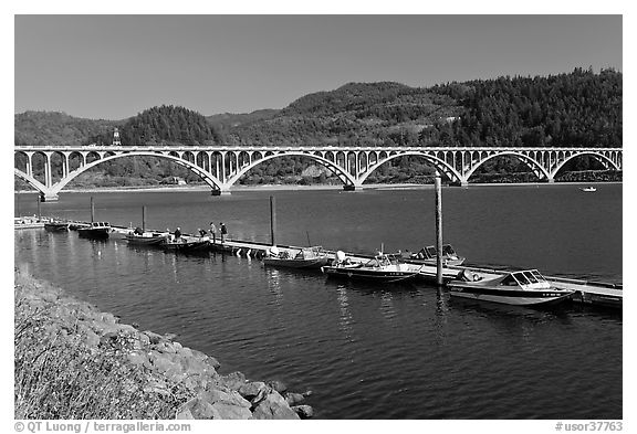 Boat deck and Isaac Lee Patterson Bridge over the Rogue River. Oregon, USA