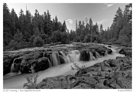 Rogue river cascading over balsalt rock. Oregon, USA (black and white)
