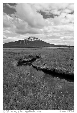 Stream, meadow, and South Sister, Deschutes National Forest. Oregon, USA (black and white)