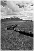 Stream, meadow, and South Sister, Deschutes National Forest. Oregon, USA (black and white)