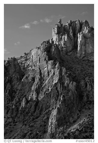 Ryolite pinnacles at sunset. Smith Rock State Park, Oregon, USA (black and white)