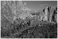 Oregon cascades seen through cliffs. Smith Rock State Park, Oregon, USA ( black and white)