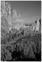 Snow-capped mountain seen through cliffs. Smith Rock State Park, Oregon, USA ( black and white)