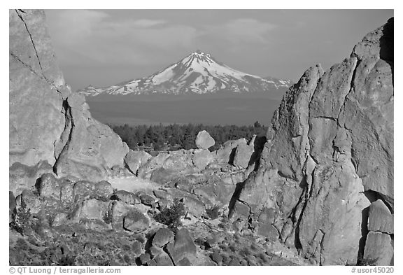 Mt Jefferson seen through Asterisk pass. Smith Rock State Park, Oregon, USA (black and white)