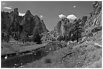 Crooked River valley and rock walls. Smith Rock State Park, Oregon, USA ( black and white)
