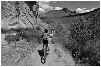 Mountain biking on teh Wolf Tree Trail. Smith Rock State Park, Oregon, USA (black and white)