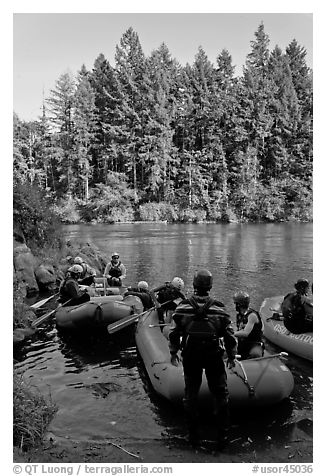 Rafts landing, Ben and Kay Doris Park. Oregon, USA (black and white)