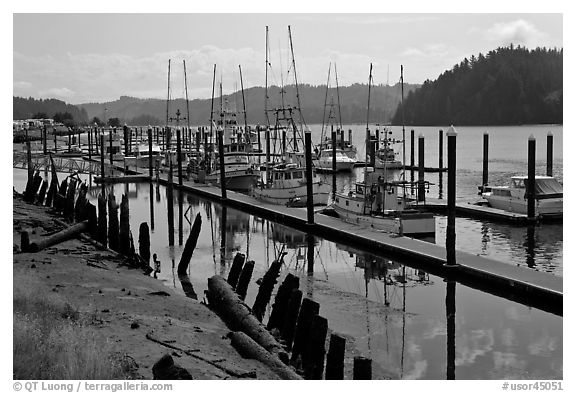 Boats along Siuslaw River, Florence. Oregon, USA (black and white)