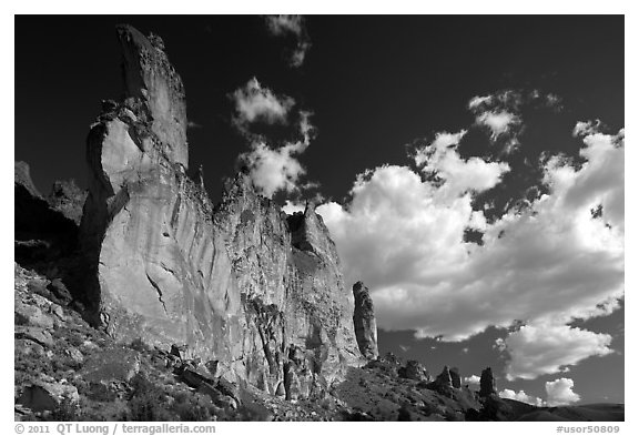 Roostercomb Rock and cloud Leslie Gulch. Oregon, USA (black and white)